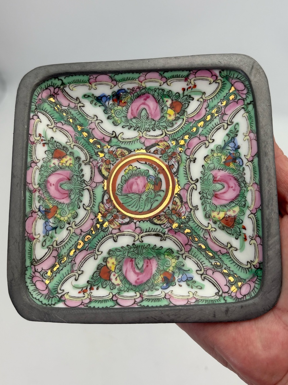 Vintage Rose Medallion Trinket Dish Encased in Pewter